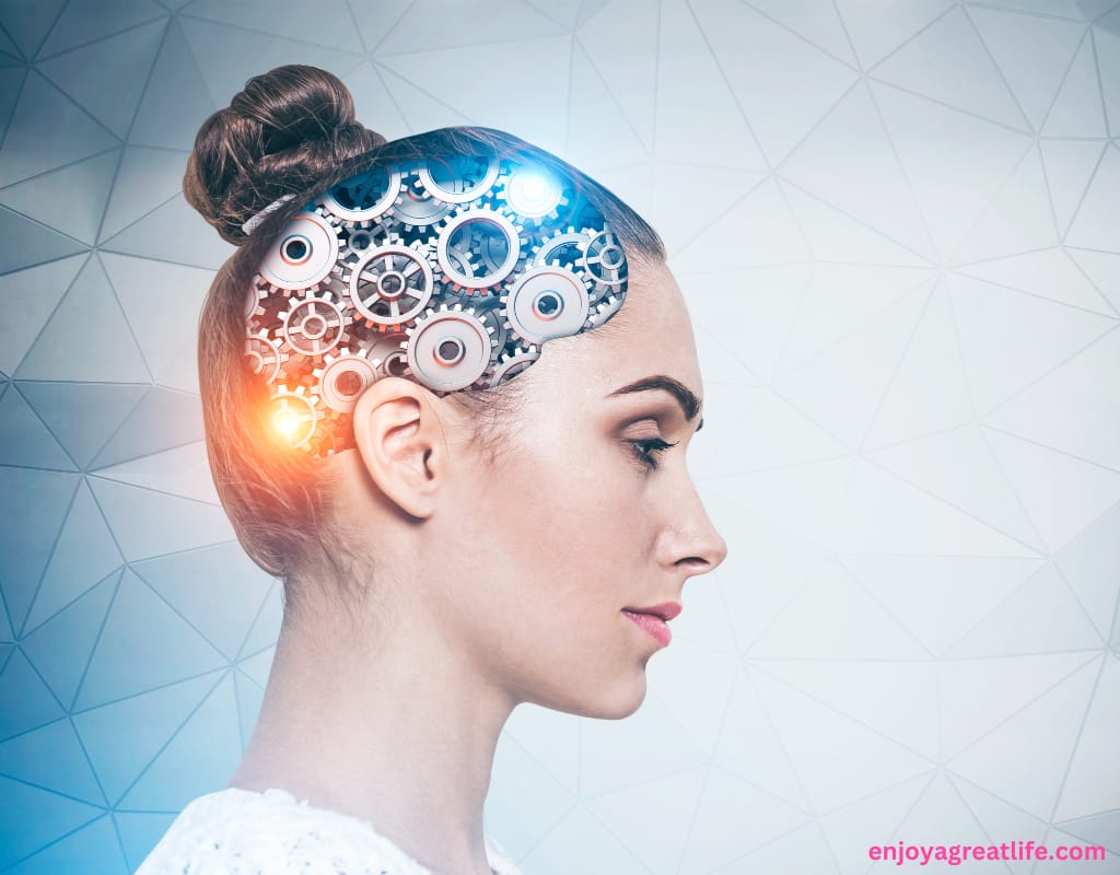 woman cogs and wheels in place of brain