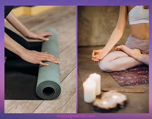 yoga mat and person doing yoga with candles lit