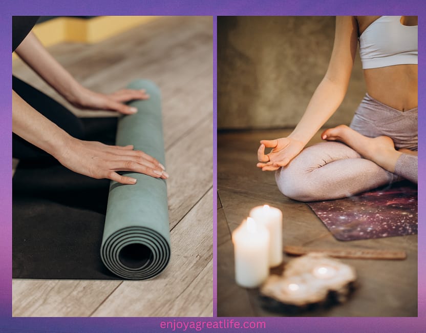 yoga mat and person doing yoga with candles lit
