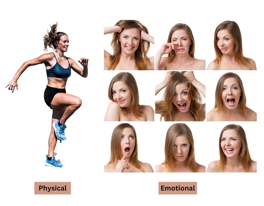 physical and emotional woman exercising and facial expressions emotions