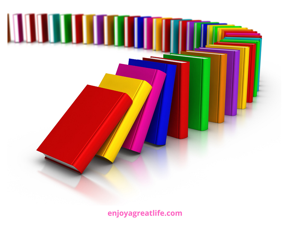 a stack of colourful books